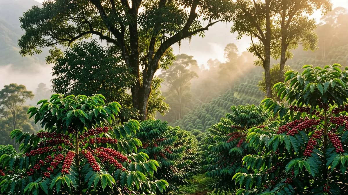 Cafetal de sombra en montaña andina con cerezas maduras entre árboles nativos
