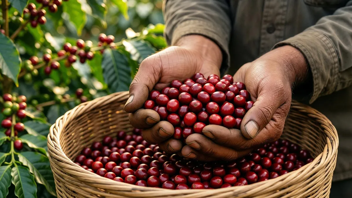 Manos de caficultor sosteniendo cerezas de café recién recolectadas sobre un canasto