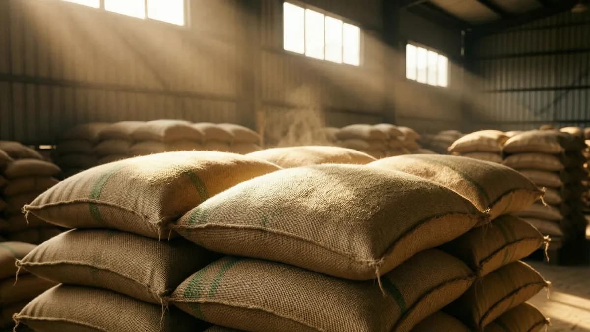 Sacos de yute con café apilados en una bodega iluminada por luz cálida