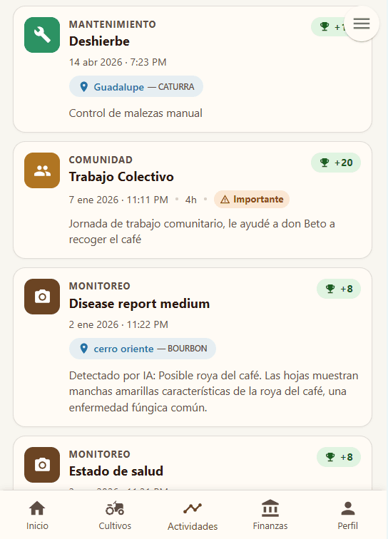 App Koffibinz en un teléfono: registro de actividades del cultivo con fotos